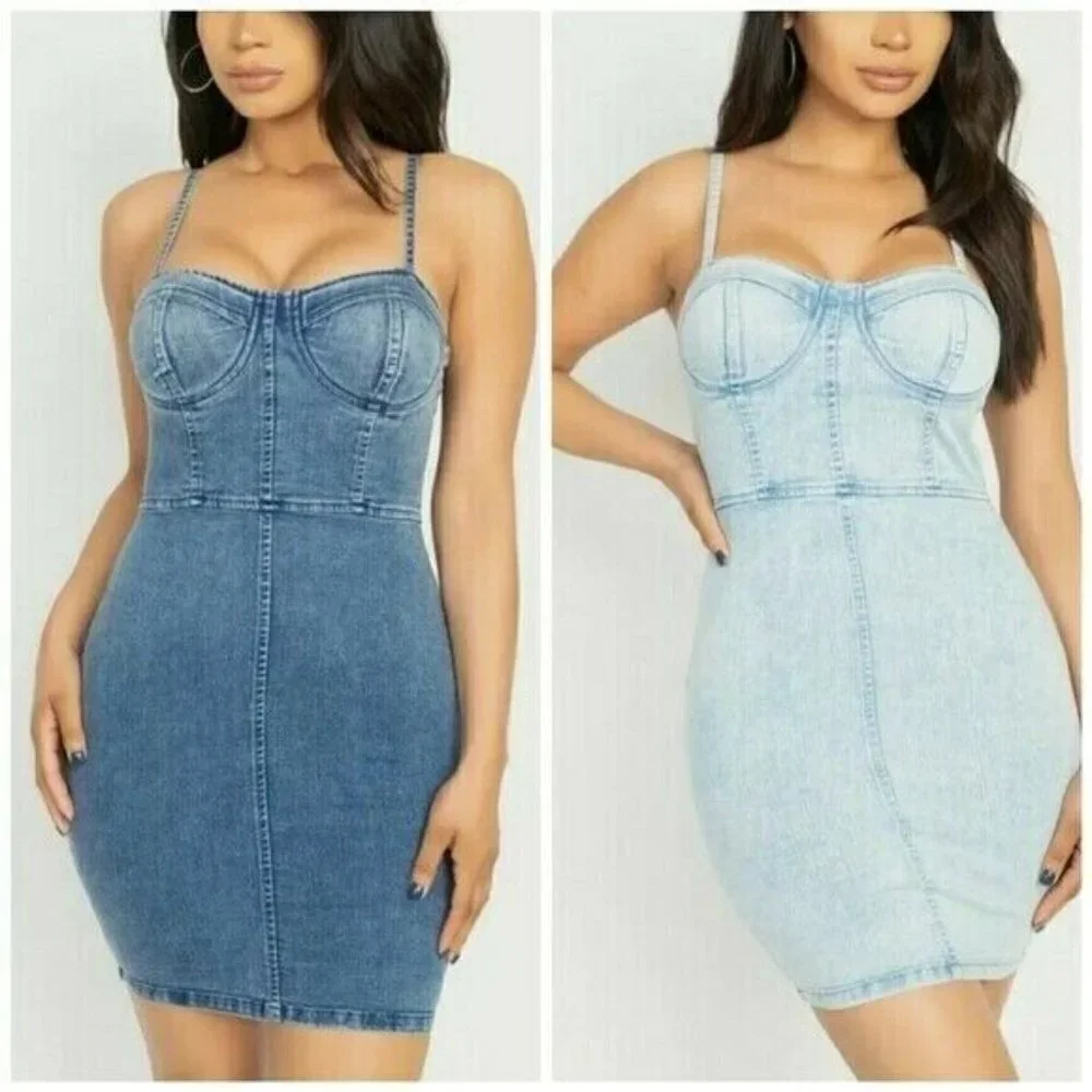 Acid Wash Sweetheart Neckline Denim Bustier Mini Dress with Stretch - Picture 5 of 12